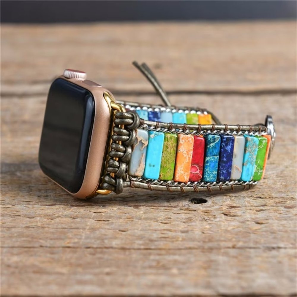 7 Chakra Gemstone Leather Watch Band Strap for Apple Watch 8 7 6 5 / 38 40 41 mm
